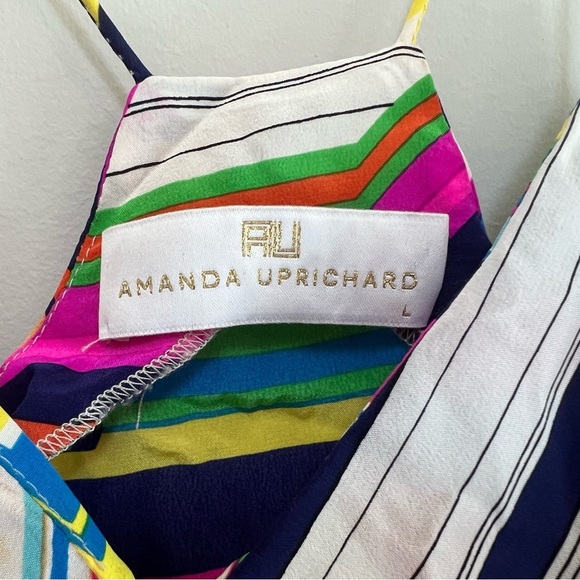 Amanda Uprichard Geometric Rainbow Striped Silk Midi Dress, L - Picture 4 of 8